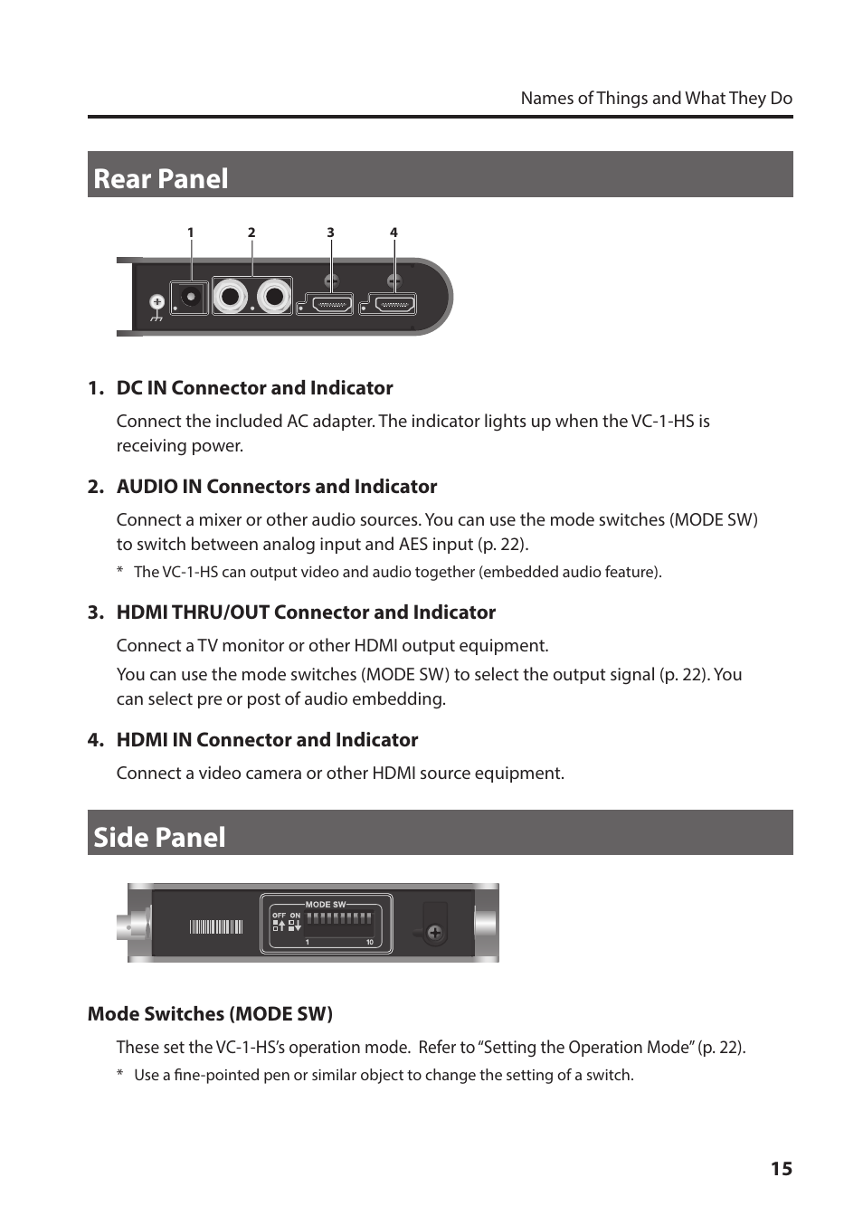 Rear panel, Side panel, Rear panel side panel | Roland VC-1-HS HDMI to SDI Video Converter User Manual | Page 15 / 32