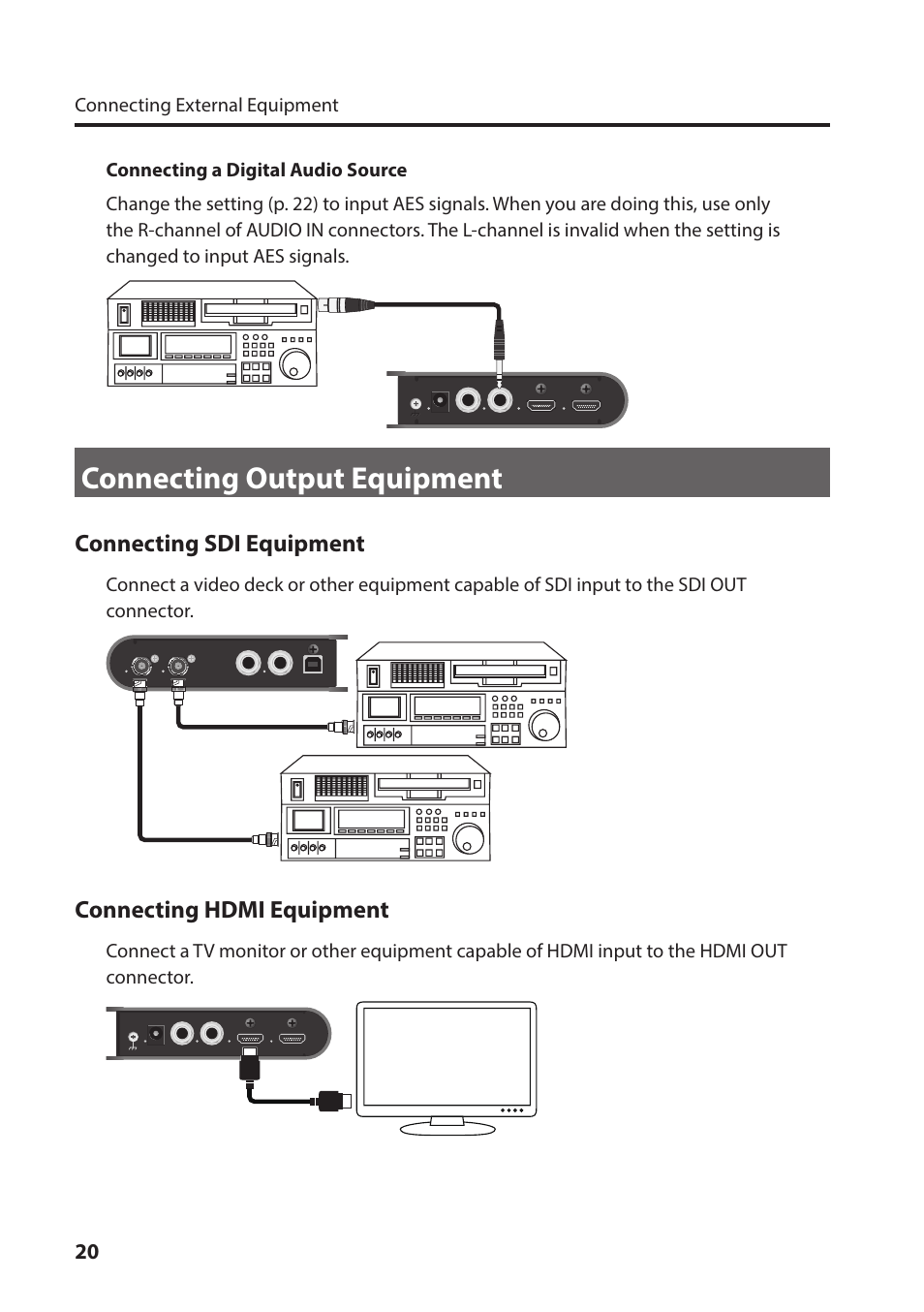 Connecting output equipment, Connecting sdi equipment, Connecting hdmi equipment | Roland VC-1-HS HDMI to SDI Video Converter User Manual | Page 20 / 32