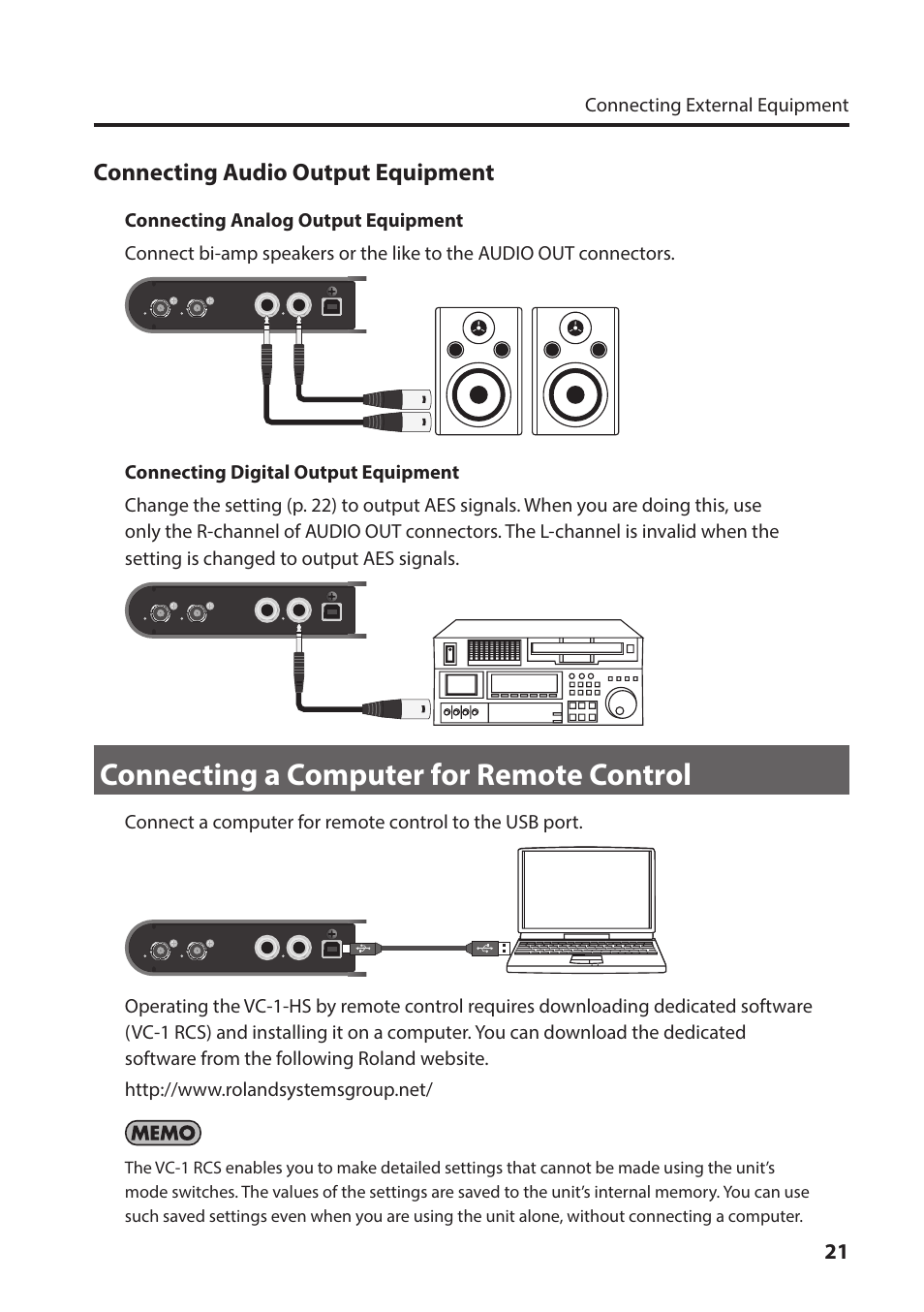 Connecting a computer for remote control, Connecting audio output equipment | Roland VC-1-HS HDMI to SDI Video Converter User Manual | Page 21 / 32