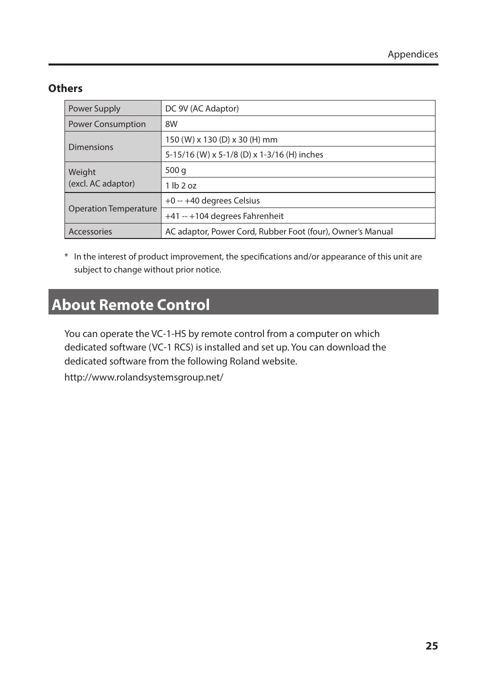 About remote control | Roland VC-1-HS HDMI to SDI Video Converter User Manual | Page 25 / 32