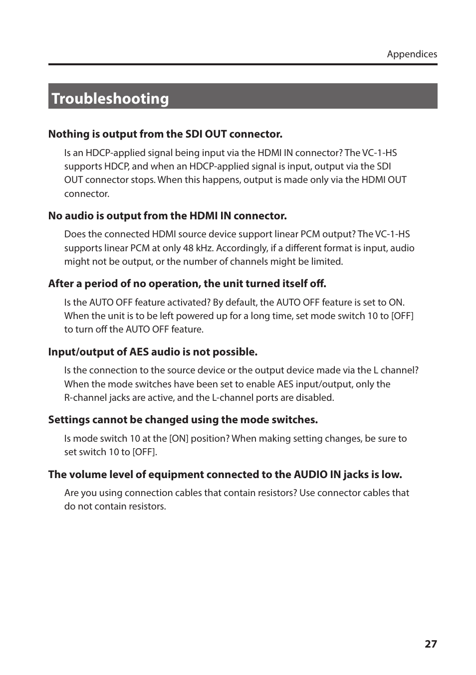 Troubleshooting | Roland VC-1-HS HDMI to SDI Video Converter User Manual | Page 27 / 32