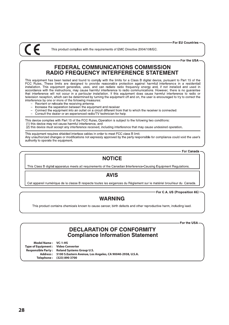 Roland VC-1-HS HDMI to SDI Video Converter User Manual | Page 28 / 32