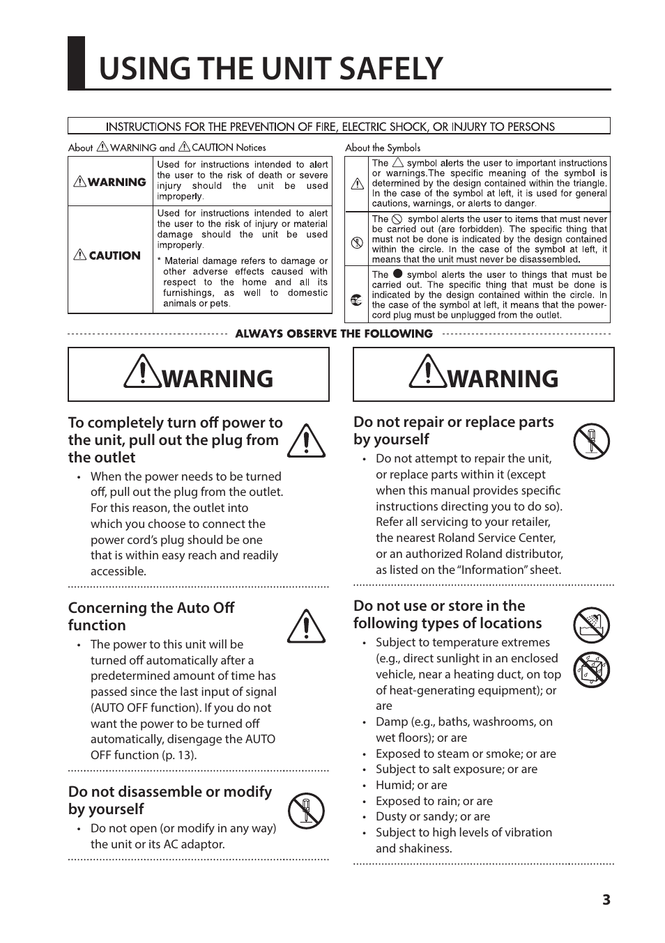 Using the unit safely, Warning | Roland VC-1-HS HDMI to SDI Video Converter User Manual | Page 3 / 32