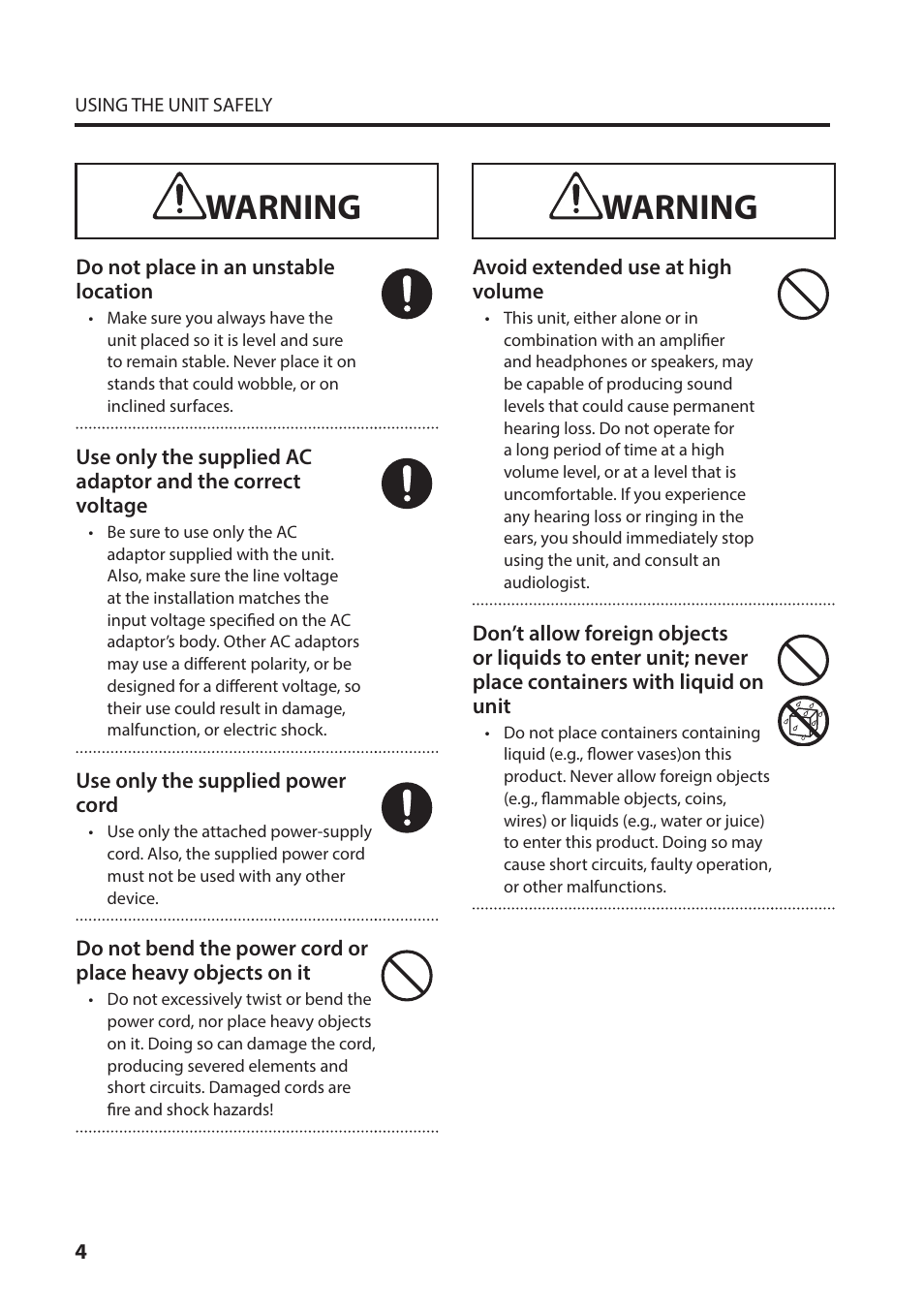 Warning | Roland VC-1-HS HDMI to SDI Video Converter User Manual | Page 4 / 32