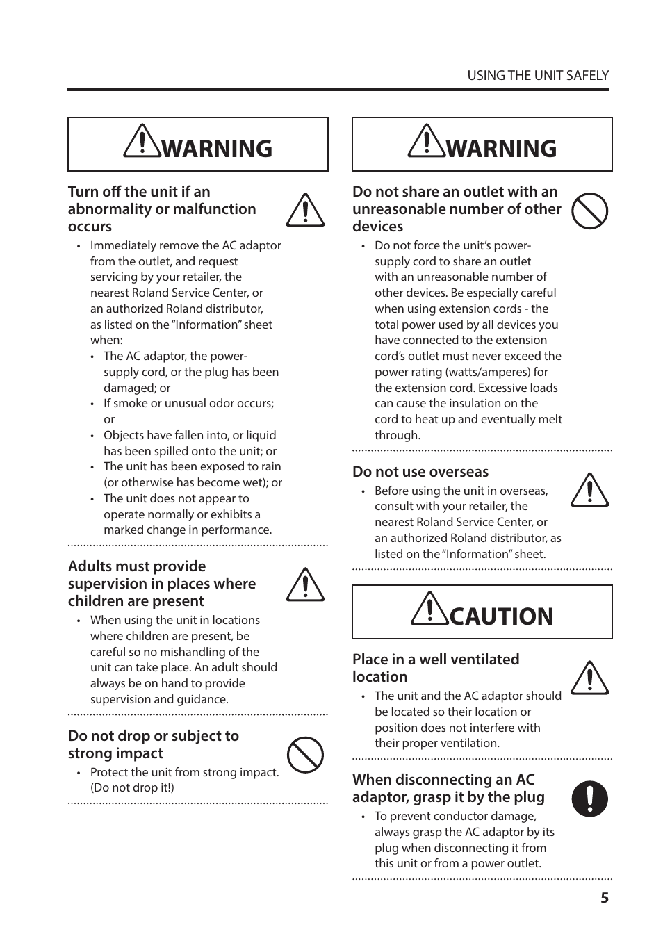 Warning, Caution | Roland VC-1-HS HDMI to SDI Video Converter User Manual | Page 5 / 32