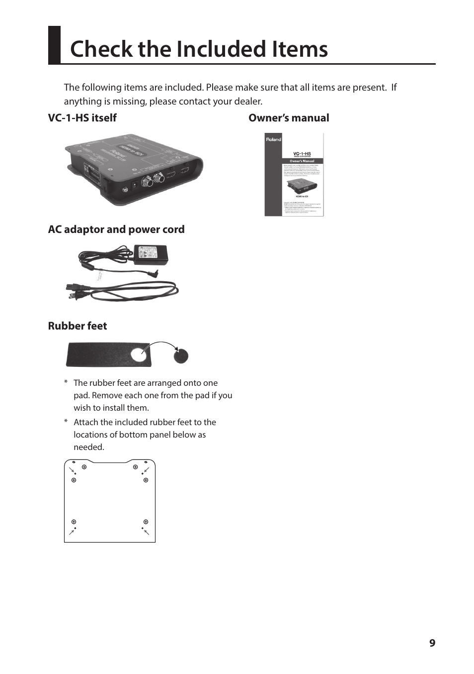 Check the included items | Roland VC-1-HS HDMI to SDI Video Converter User Manual | Page 9 / 32