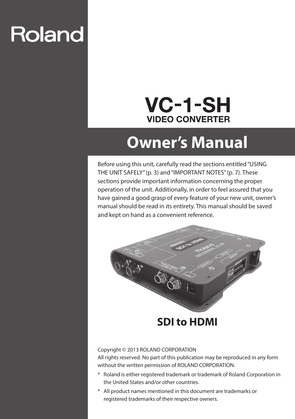 Roland VC-1-SH SDI to HDMI Video Converter User Manual | 32 pages