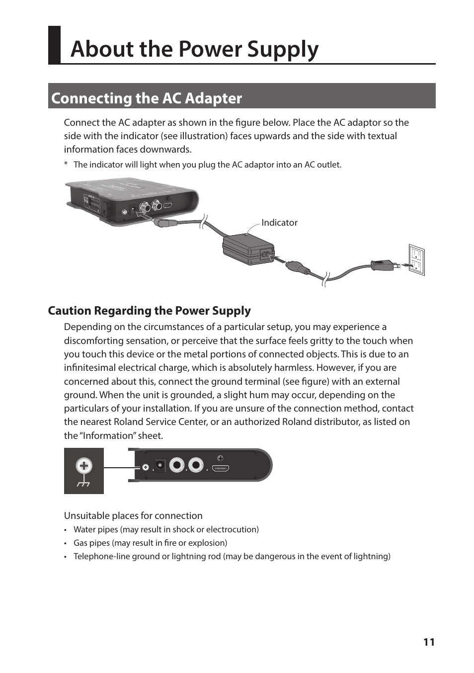 About the power supply, Connecting the ac adapter | Roland VC-1-SH SDI to HDMI Video Converter User Manual | Page 11 / 32