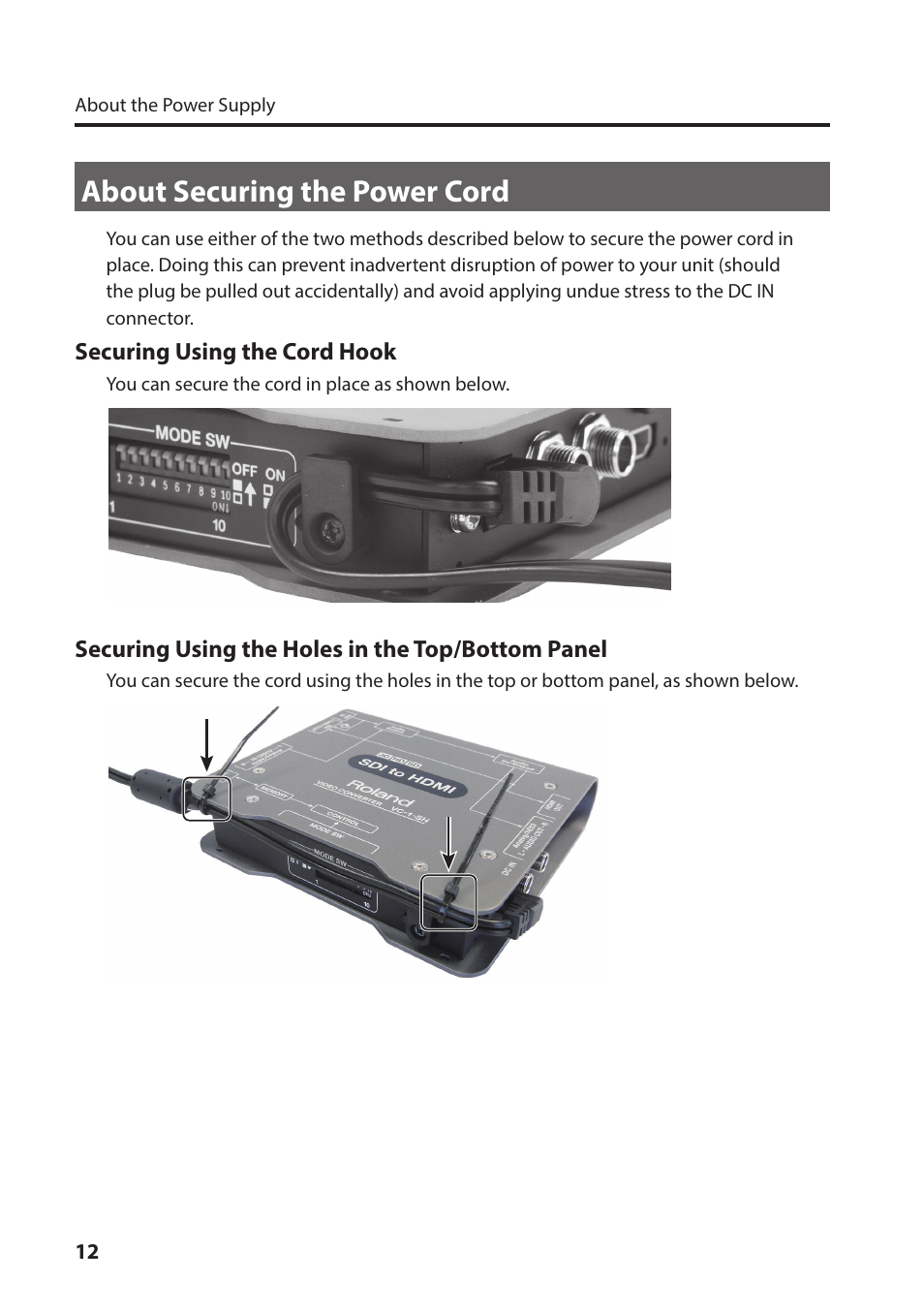 About securing the power cord, Securing using the cord hook, Securing using the holes in the top/bottom panel | Roland VC-1-SH SDI to HDMI Video Converter User Manual | Page 12 / 32