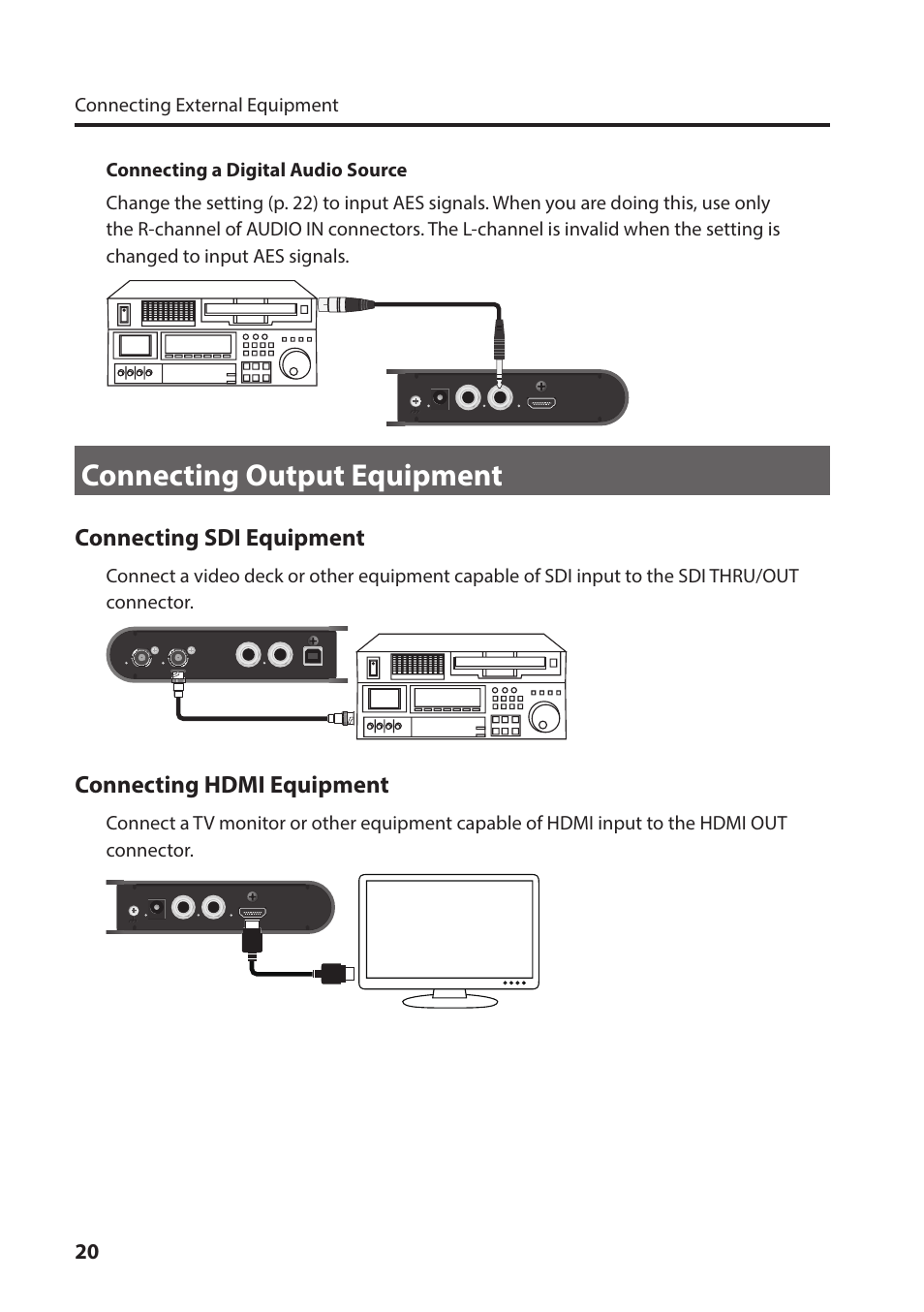 Connecting output equipment, Connecting sdi equipment, Connecting hdmi equipment | Roland VC-1-SH SDI to HDMI Video Converter User Manual | Page 20 / 32