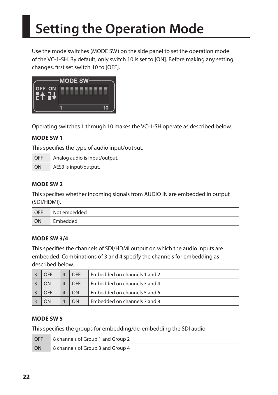 Setting the operation mode | Roland VC-1-SH SDI to HDMI Video Converter User Manual | Page 22 / 32