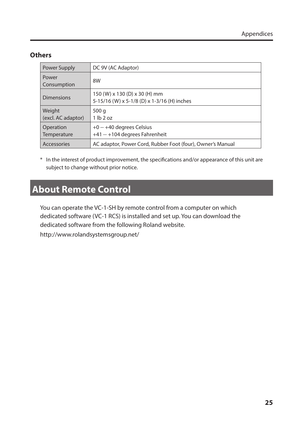 About remote control | Roland VC-1-SH SDI to HDMI Video Converter User Manual | Page 25 / 32