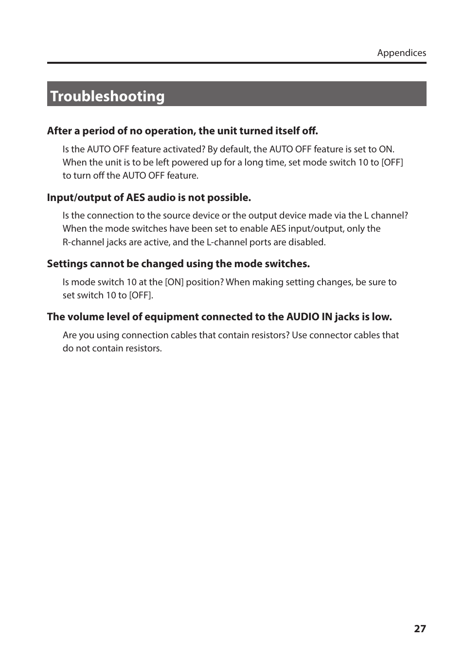 Troubleshooting | Roland VC-1-SH SDI to HDMI Video Converter User Manual | Page 27 / 32