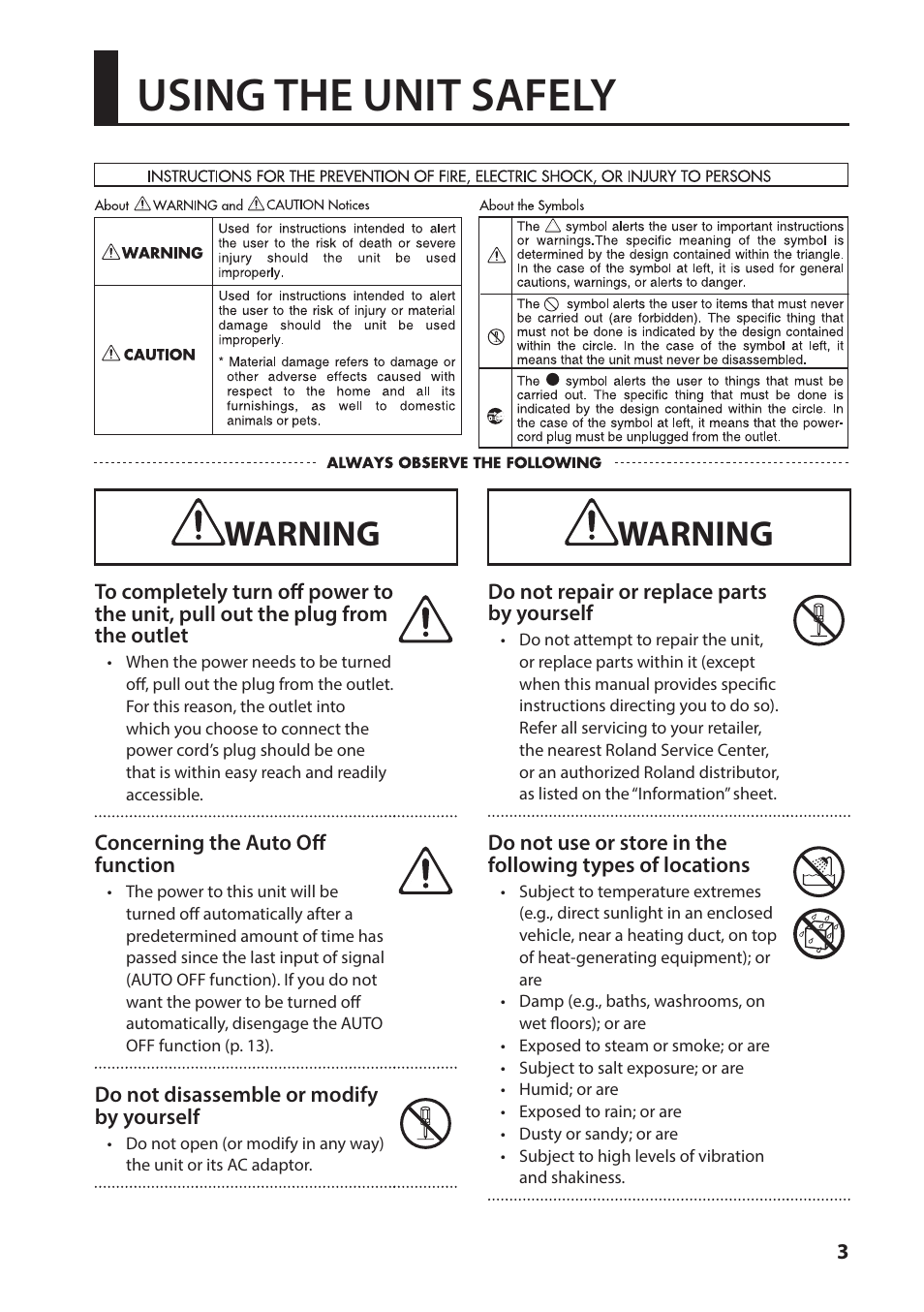 Using the unit safely, Warning | Roland VC-1-SH SDI to HDMI Video Converter User Manual | Page 3 / 32