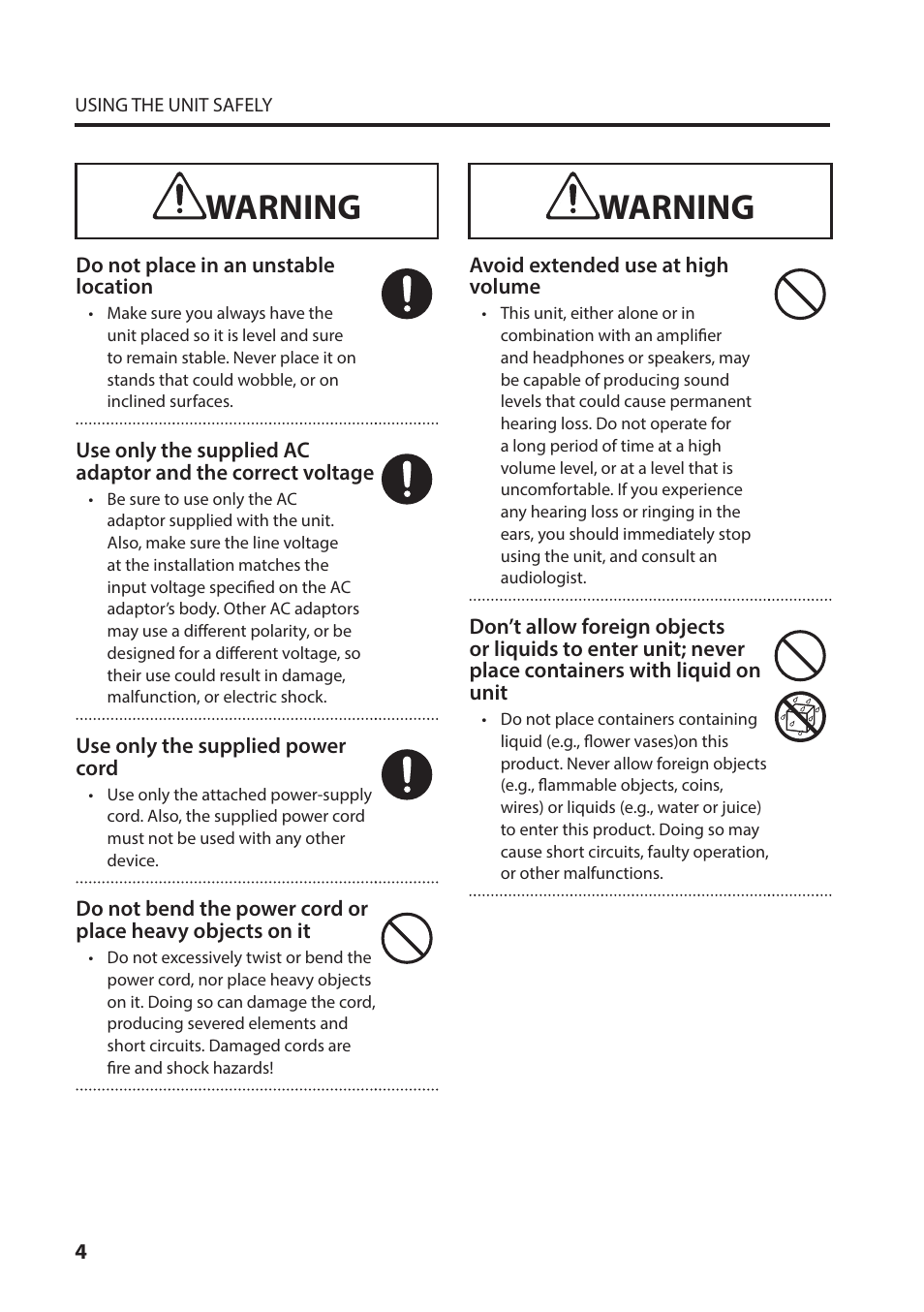 Warning | Roland VC-1-SH SDI to HDMI Video Converter User Manual | Page 4 / 32