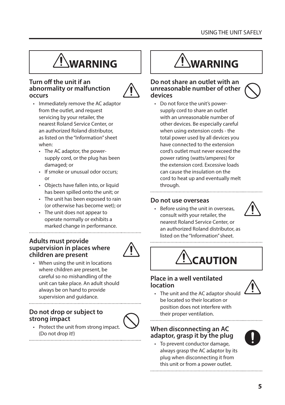 Warning, Caution | Roland VC-1-SH SDI to HDMI Video Converter User Manual | Page 5 / 32