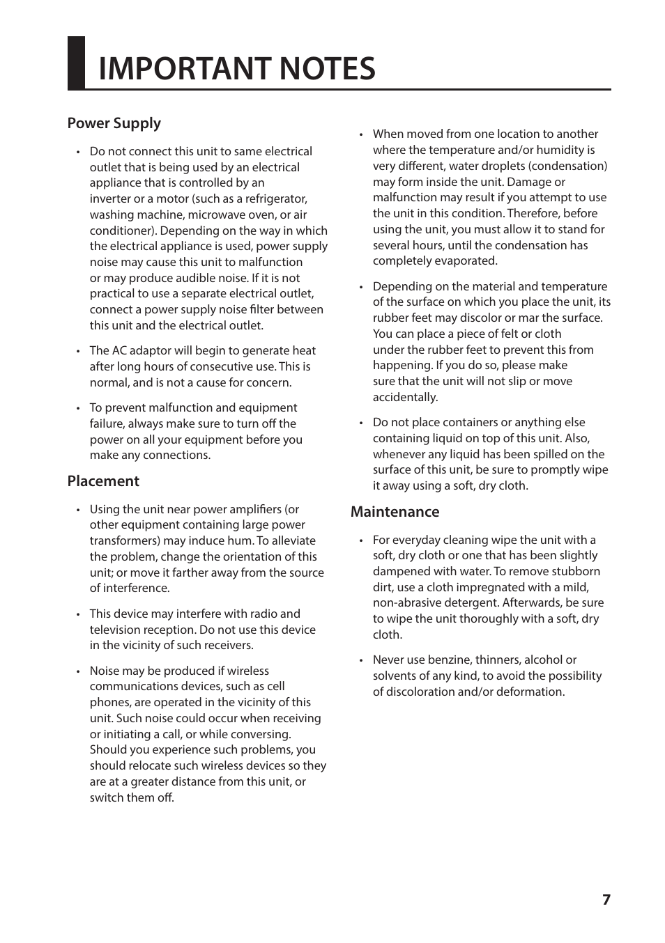 7power supply, Placement, Maintenance | Roland VC-1-SH SDI to HDMI Video Converter User Manual | Page 7 / 32