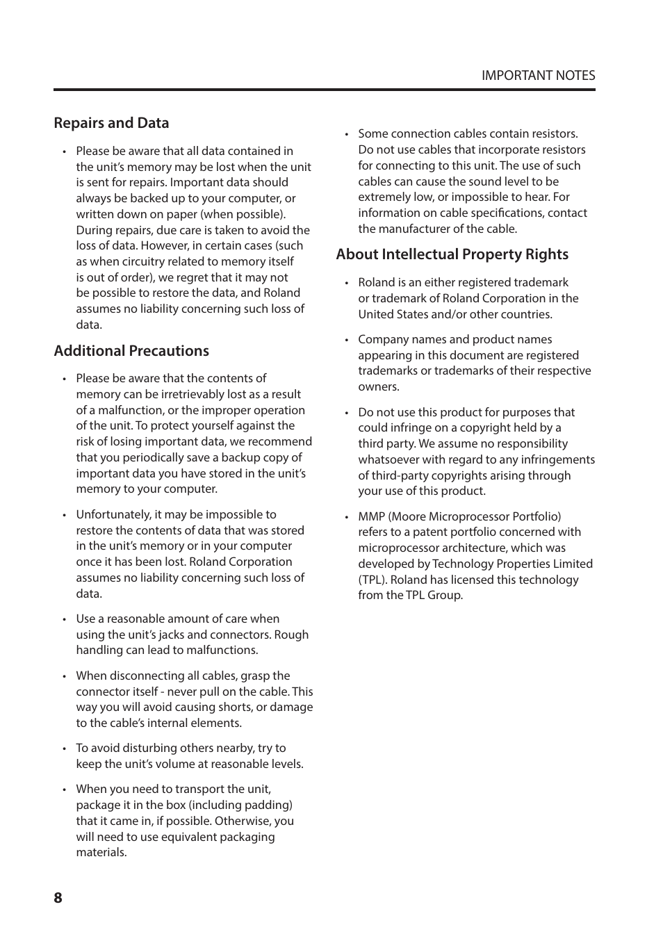 Repairs and data, Additional precautions, About intellectual property rights | Roland VC-1-SH SDI to HDMI Video Converter User Manual | Page 8 / 32