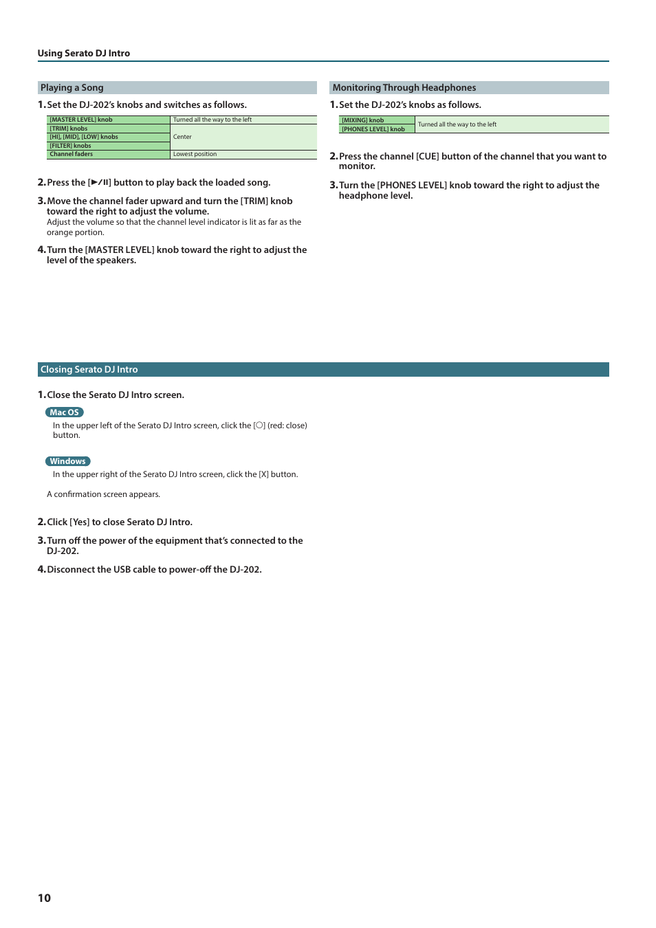 Playing a song, Monitoring through headphones, Closing serato dj intro | Roland DJ-202 2-Channel, 4-Deck DJ Controller for Serato DJ Lite User Manual | Page 10 / 17