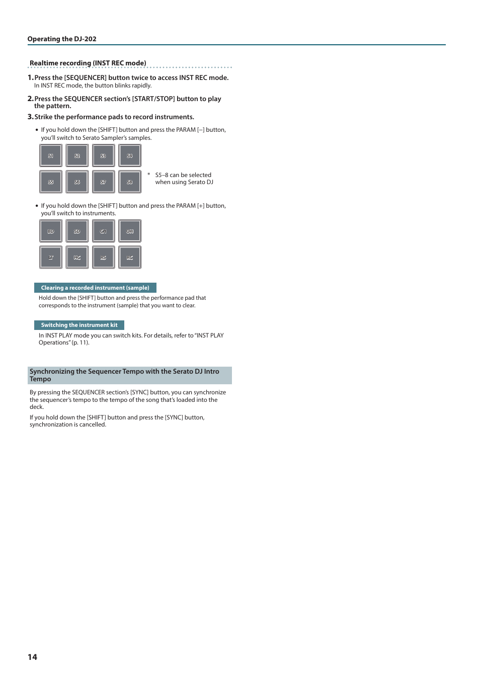Intro tempo, Ts inst rec mode (p. 14) | Roland DJ-202 2-Channel, 4-Deck DJ Controller for Serato DJ Lite User Manual | Page 14 / 17