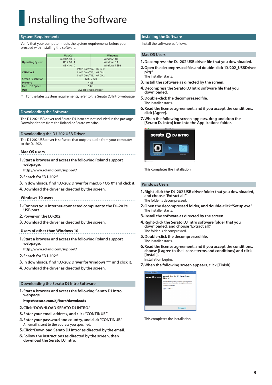 Installing the software, System requirements, Downloading the software | Downloading the dj-202 usb driver, Downloading the serato dj intro software, Mac os users, Windows users | Roland DJ-202 2-Channel, 4-Deck DJ Controller for Serato DJ Lite User Manual | Page 3 / 17