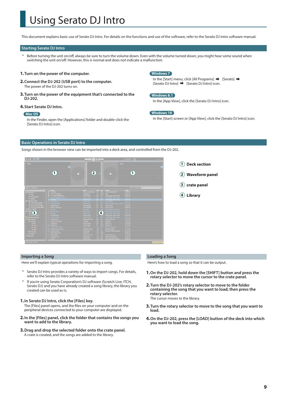 Using serato dj intro, Starting serato dj intro, Basic operations in serato dj intro | Importing a song, Loading a song | Roland DJ-202 2-Channel, 4-Deck DJ Controller for Serato DJ Lite User Manual | Page 9 / 17