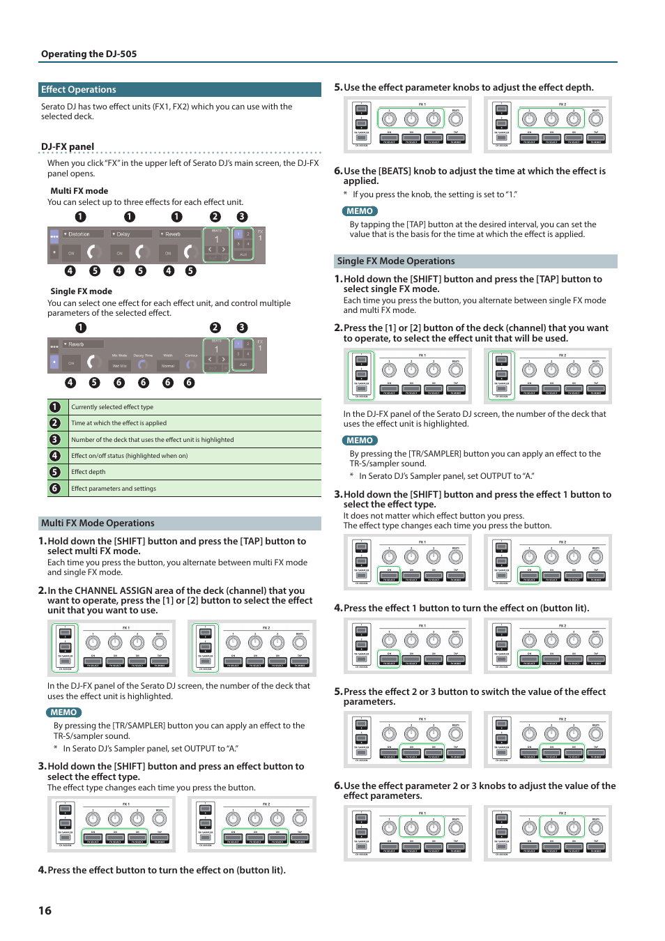 Effect operations, Multi fx mode operations, Single fx mode operations | Roland DJ-505 2-Channel, 4-Deck DJ Controller for Serato DJ User Manual | Page 16 / 32