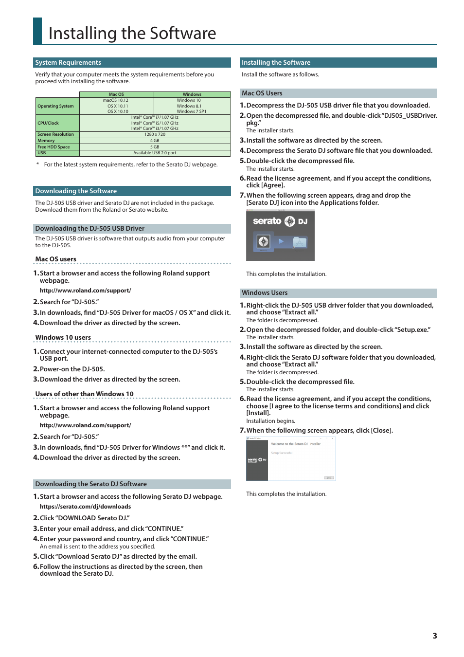 Installing the software, System requirements, Downloading the software | Downloading the dj-505 usb driver, Downloading the serato dj software, Mac os users, Windows users | Roland DJ-505 2-Channel, 4-Deck DJ Controller for Serato DJ User Manual | Page 3 / 32