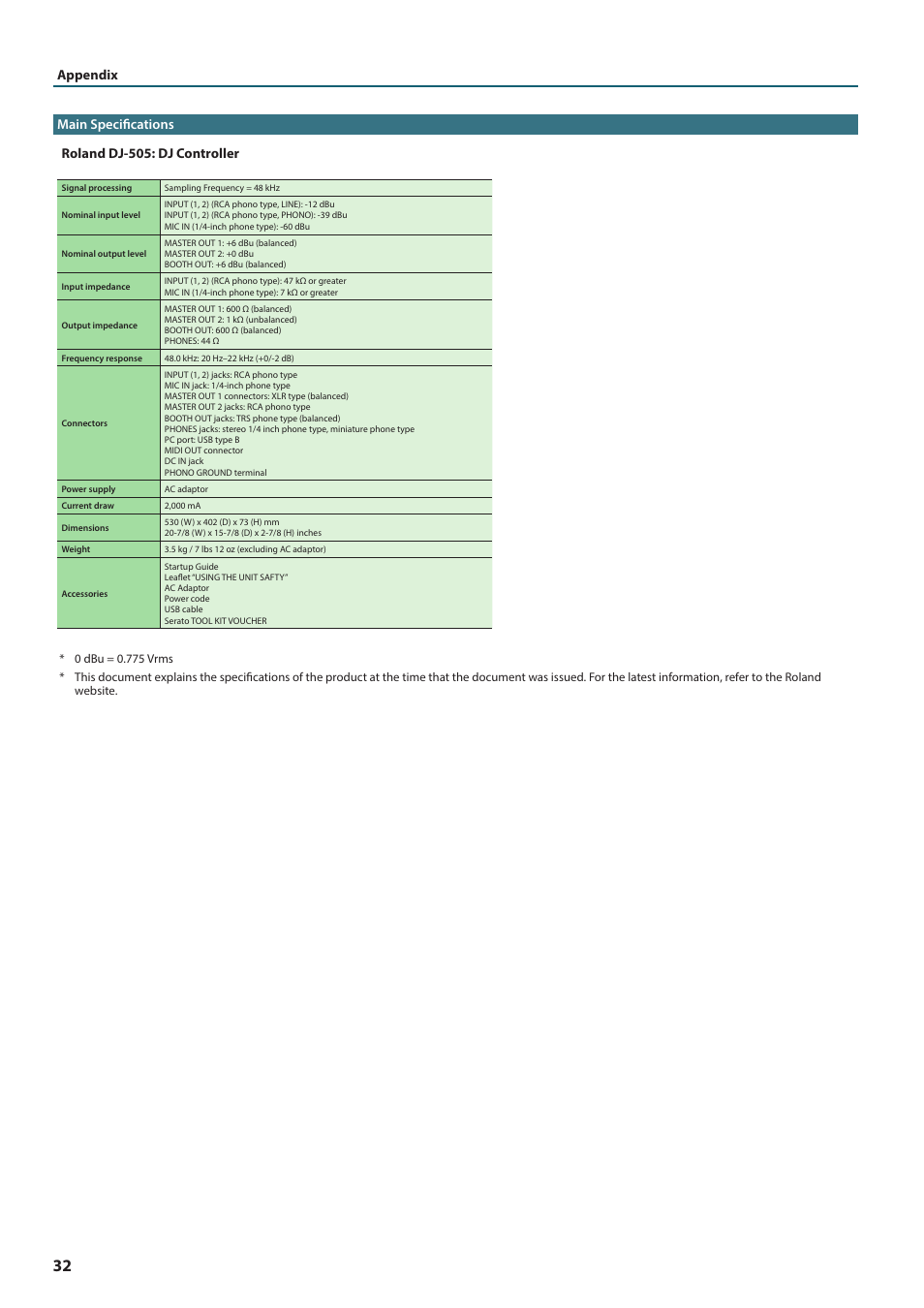 Main specifications | Roland DJ-505 2-Channel, 4-Deck DJ Controller for Serato DJ User Manual | Page 32 / 32
