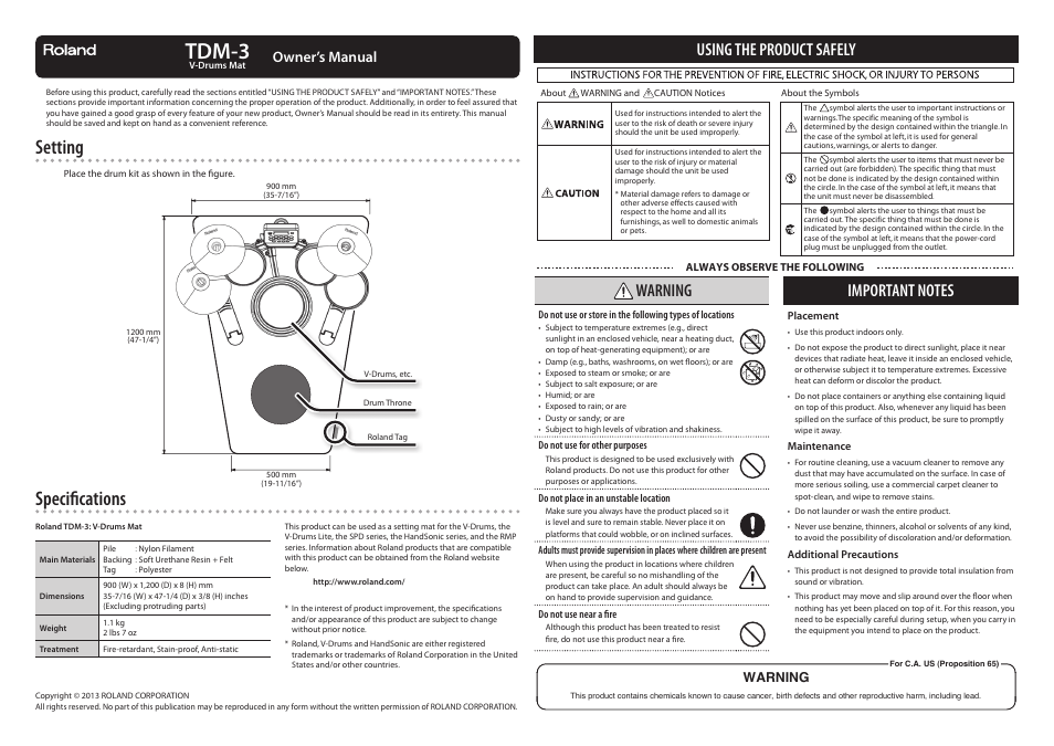 Roland TDM-3 Performance Mat for V-Drums Portable and Lite User Manual | 2 pages