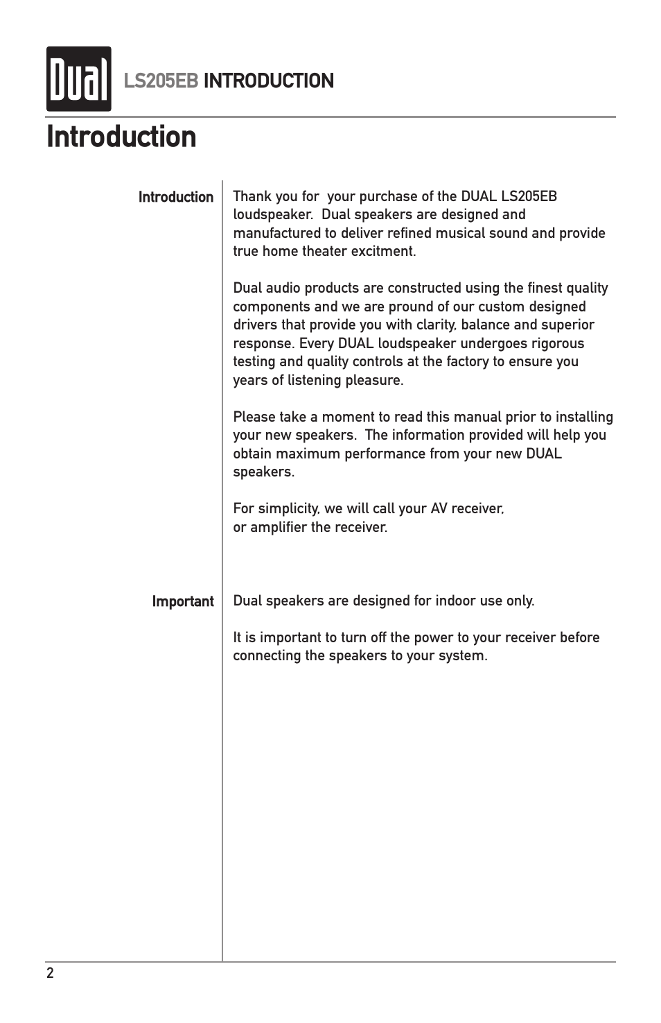 Introduction, Ls205eb introduction | Dual LS205EB User Manual | Page 2 / 8