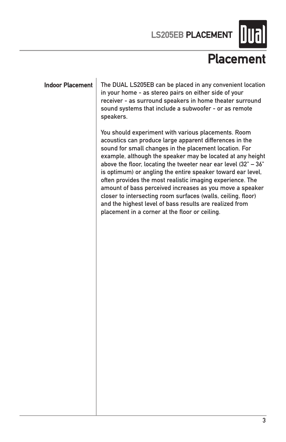 Placement | Dual LS205EB User Manual | Page 3 / 8