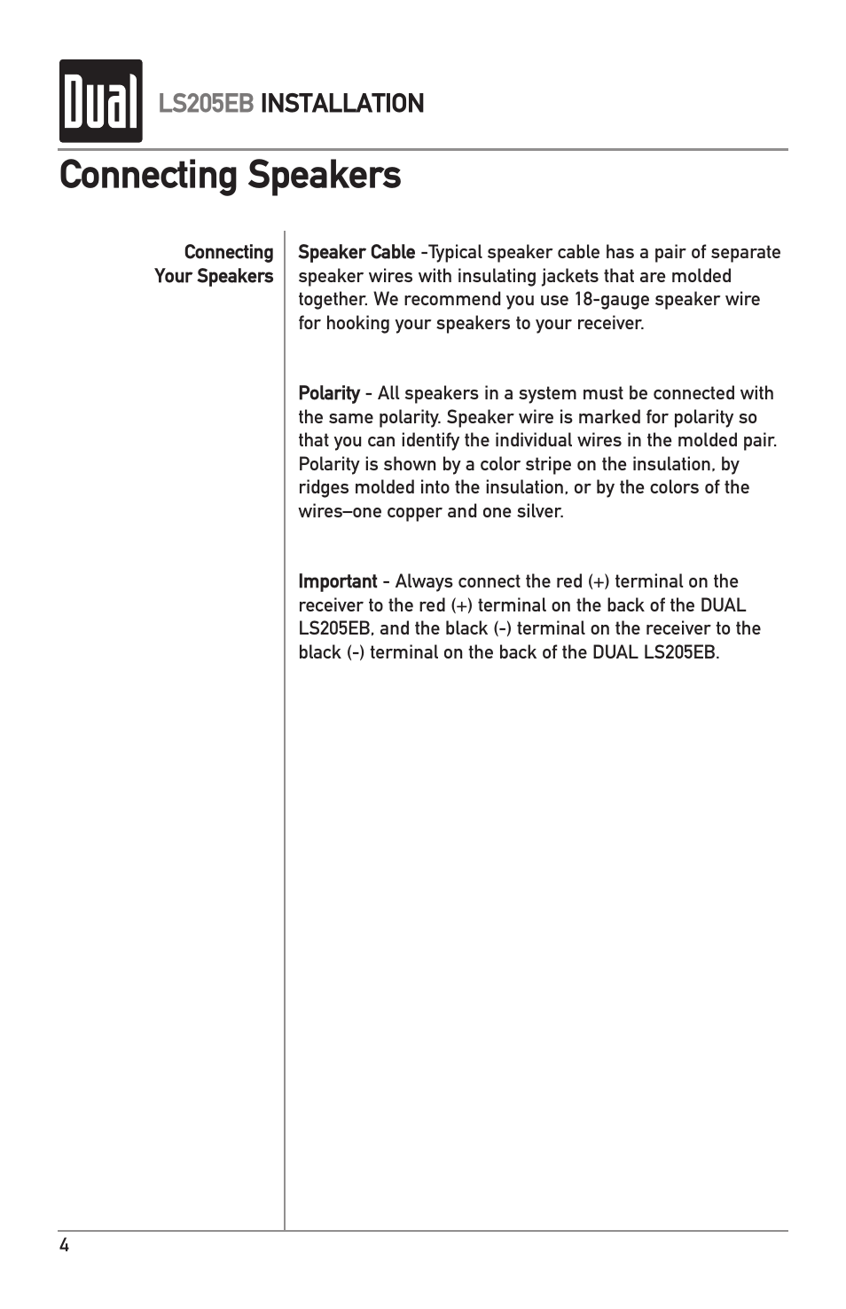 Connecting speakers | Dual LS205EB User Manual | Page 4 / 8