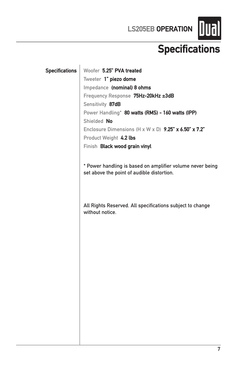 Specifications, Ls205eb operation | Dual LS205EB User Manual | Page 7 / 8