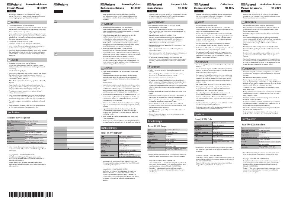 Roland RH-300V V-Drums Headphones User Manual | 2 pages