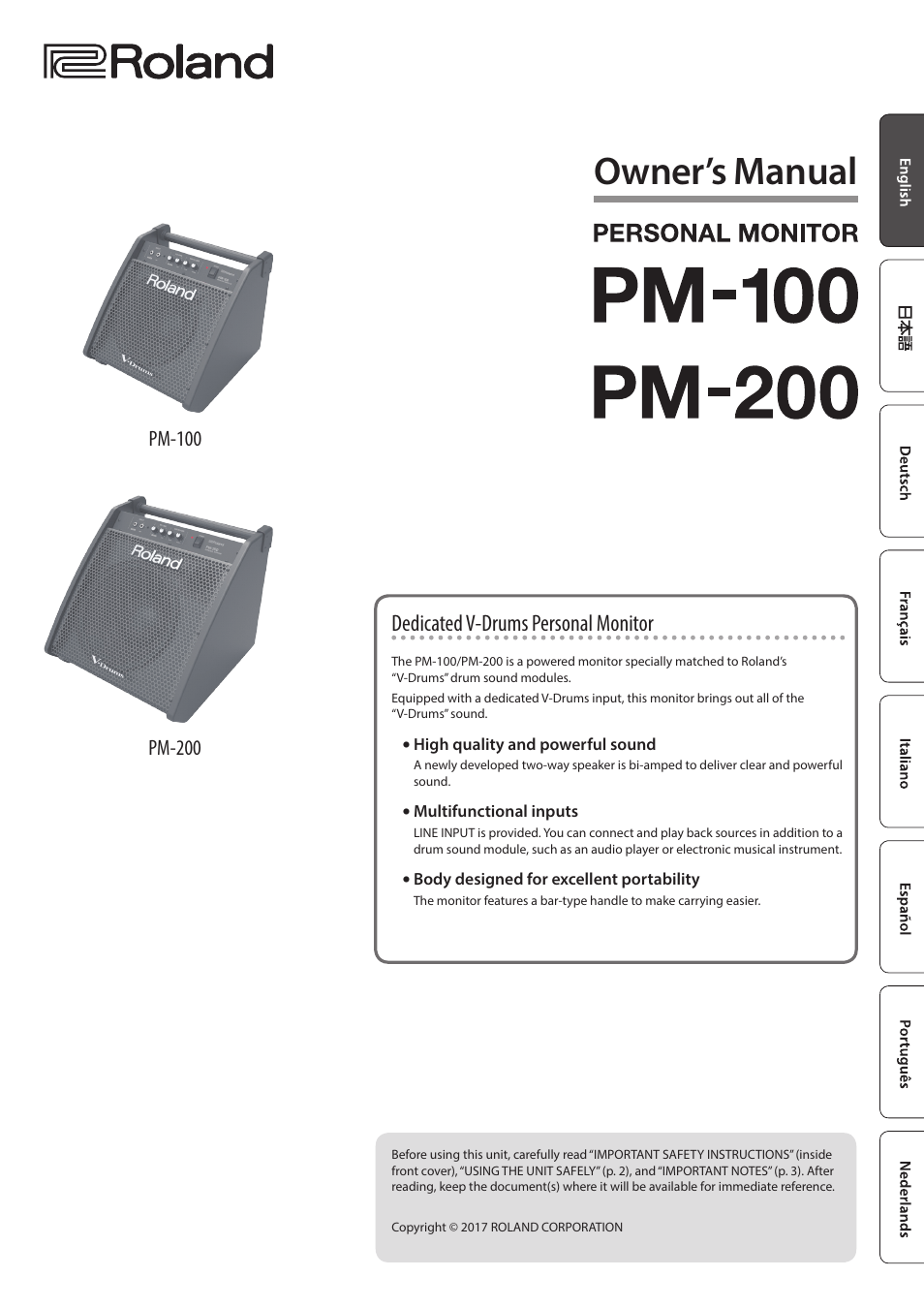 Roland PM-100 Personal Monitor for V-Drums User Manual | 8 pages