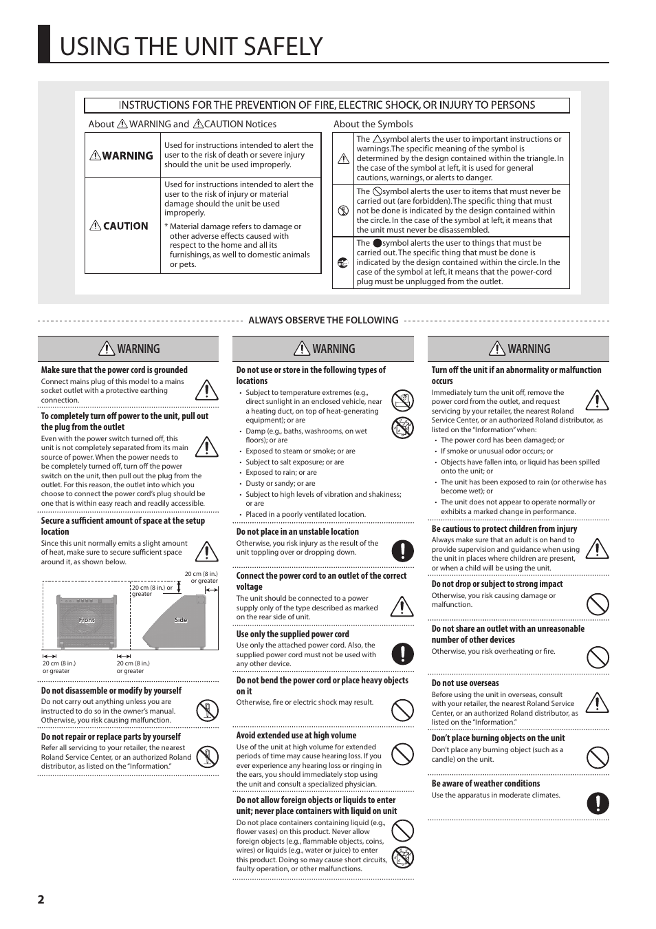 Using the unit safely, Warning, Always observe the following | Roland PM-100 Personal Monitor for V-Drums User Manual | Page 2 / 8