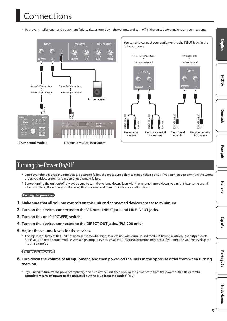 Connections, Turning the power on/off | Roland PM-100 Personal Monitor for V-Drums User Manual | Page 5 / 8