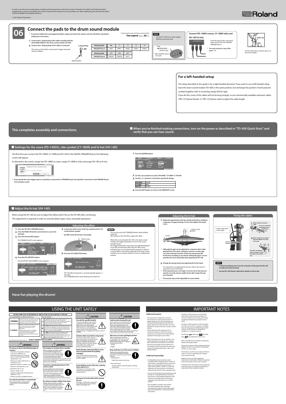 Connect the pads to the drum sound module, For a left-handed setup, 9 adjust the hi-hat (vh-14d) | Roland TD-50K2 V-Drums Kit User Manual | Page 2 / 2