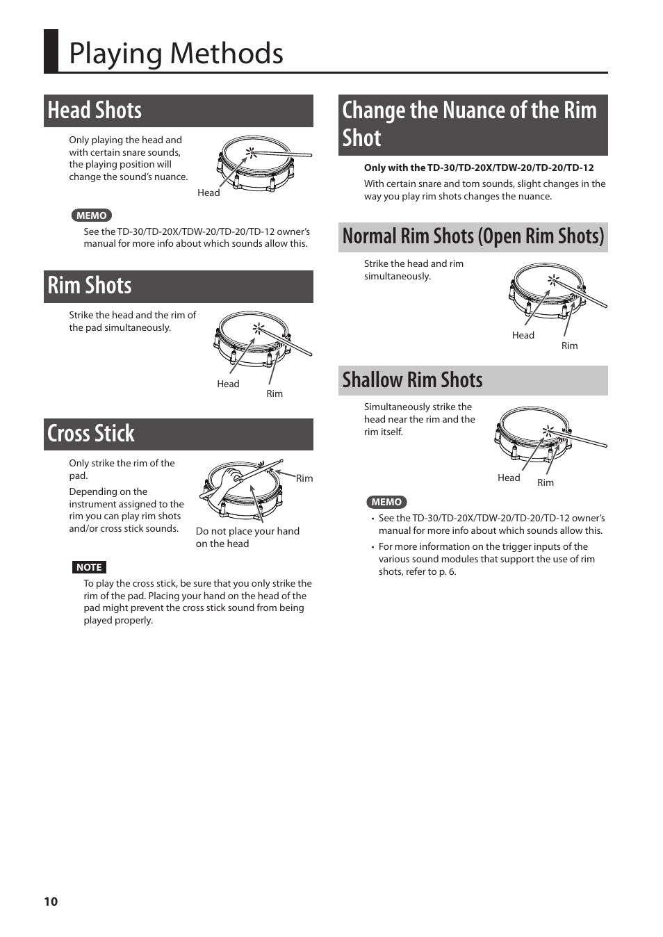 Playing methods, Head shots, Rim shots | Cross stick, Change the nuance of the rim shot, Normal rim shots (open rim shots), Shallow rim shots | Roland PD-108 V-Pad 10" (Black Chrome) User Manual | Page 10 / 13
