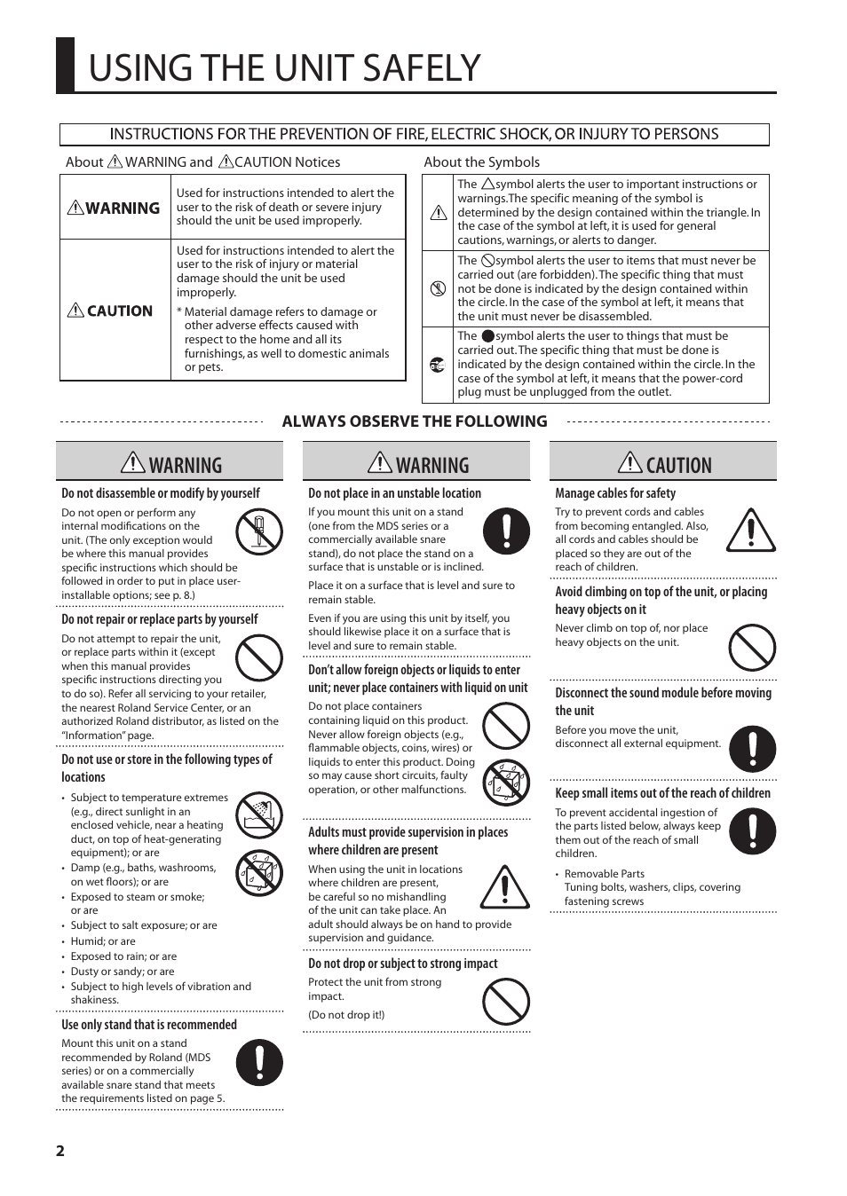 Using the unit safely, Warning, Caution | Always observe the following | Roland PD-108 V-Pad 10" (Black Chrome) User Manual | Page 2 / 13