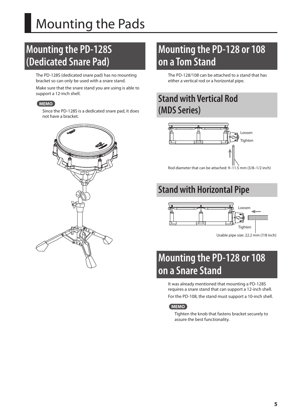 Mounting the pads, Mounting the pd-128s (dedicated snare pad), Stand with vertical rod (mds series) | Stand with horizontal pipe | Roland PD-108 V-Pad 10" (Black Chrome) User Manual | Page 5 / 13