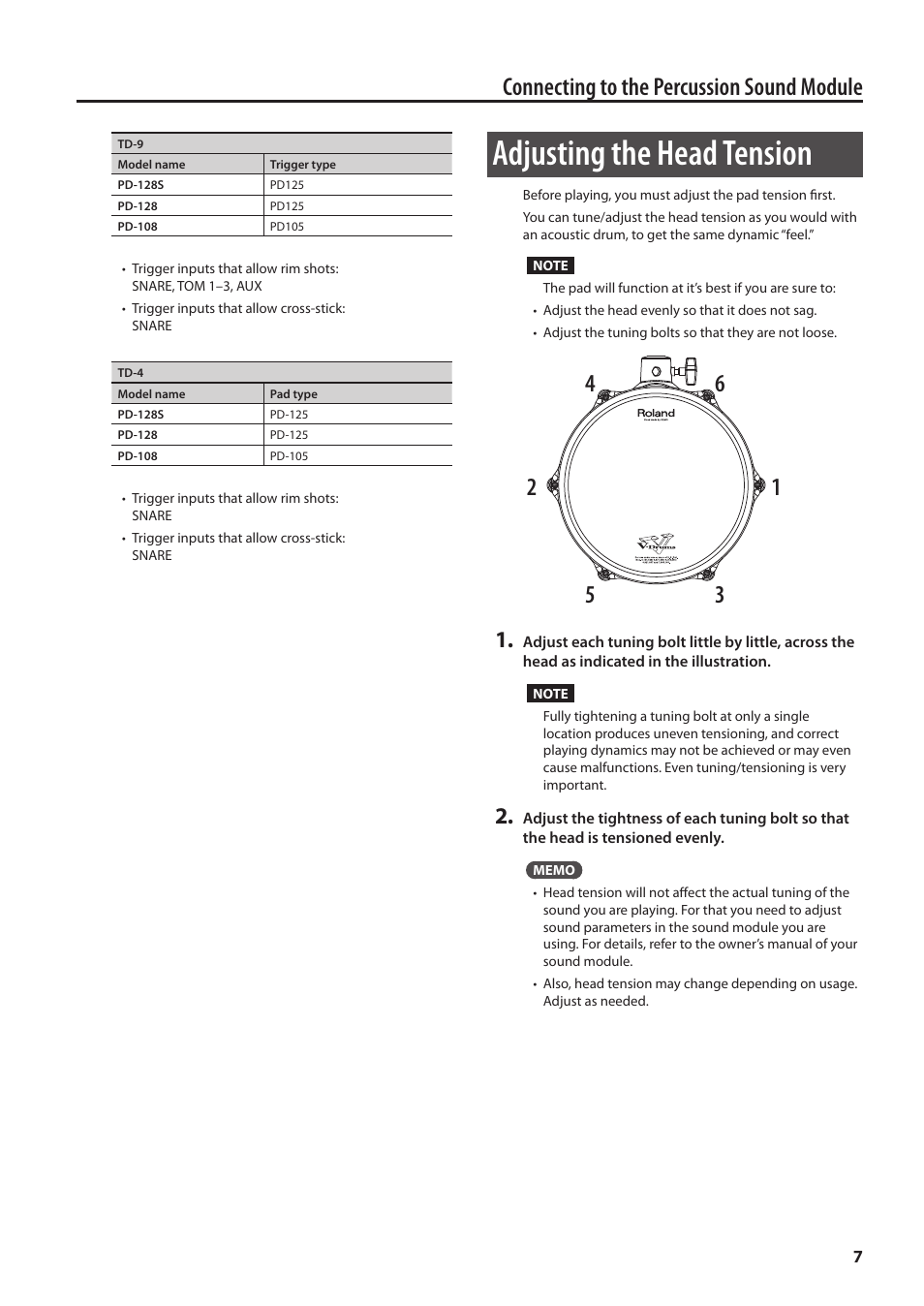 Adjusting the head tension, Connecting to the percussion sound module | Roland PD-108 V-Pad 10" (Black Chrome) User Manual | Page 7 / 13