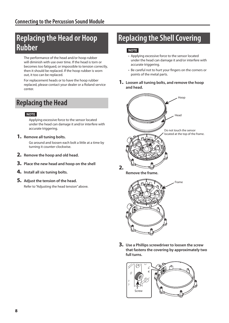 Replacing the head or hoop rubber, Replacing the shell covering, Replacing the head | Connecting to the percussion sound module | Roland PD-108 V-Pad 10" (Black Chrome) User Manual | Page 8 / 13