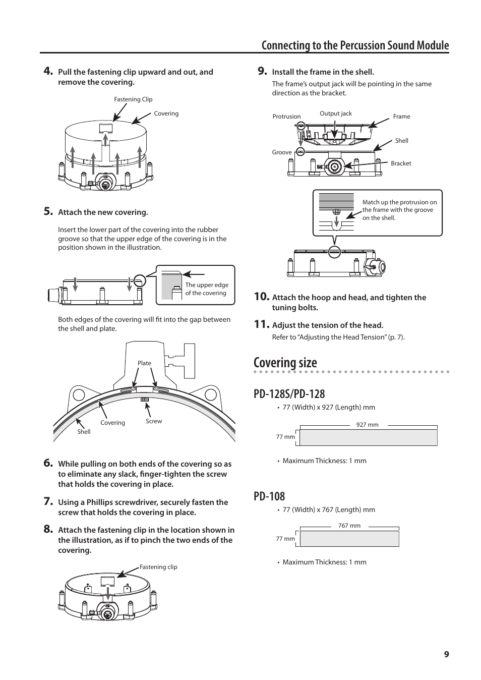 Covering size, Connecting to the percussion sound module, Pd-108 | Roland PD-108 V-Pad 10" (Black Chrome) User Manual | Page 9 / 13