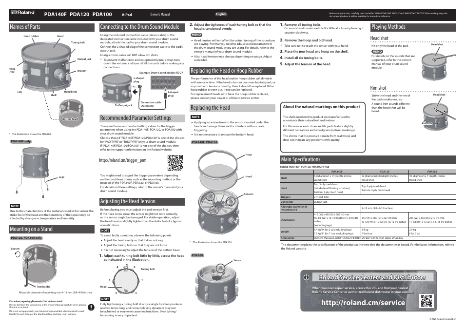 Roland PDA120 V-Drums Acoustic Design 12" Tom Pad (Gloss Ebony) User Manual | 1 page