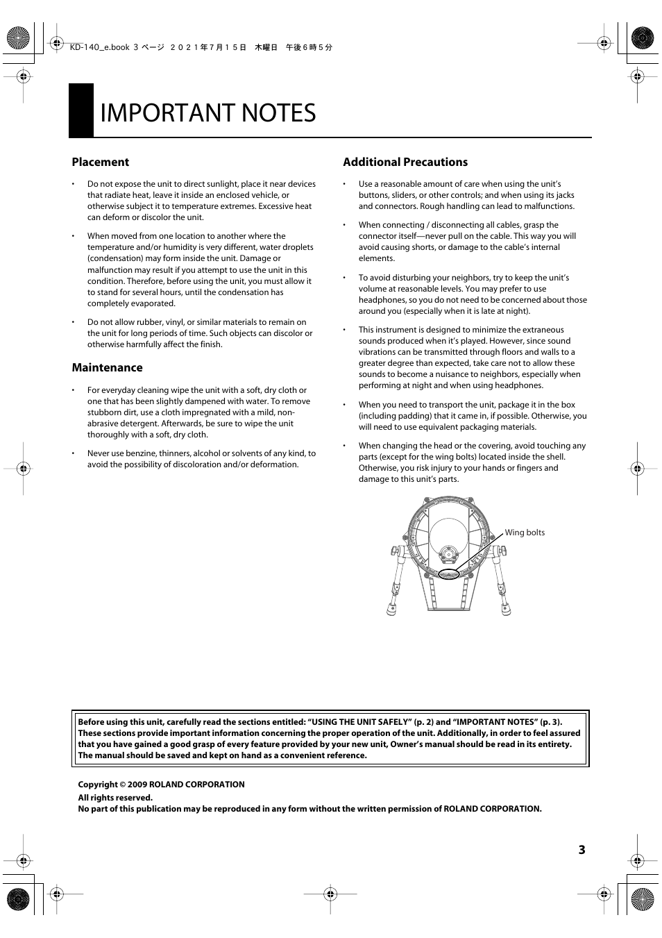 Important notes, Placement, Maintenance | Additional precautions | Roland KD-140 V-Kick Trigger Pad (Black Chrome) User Manual | Page 3 / 13