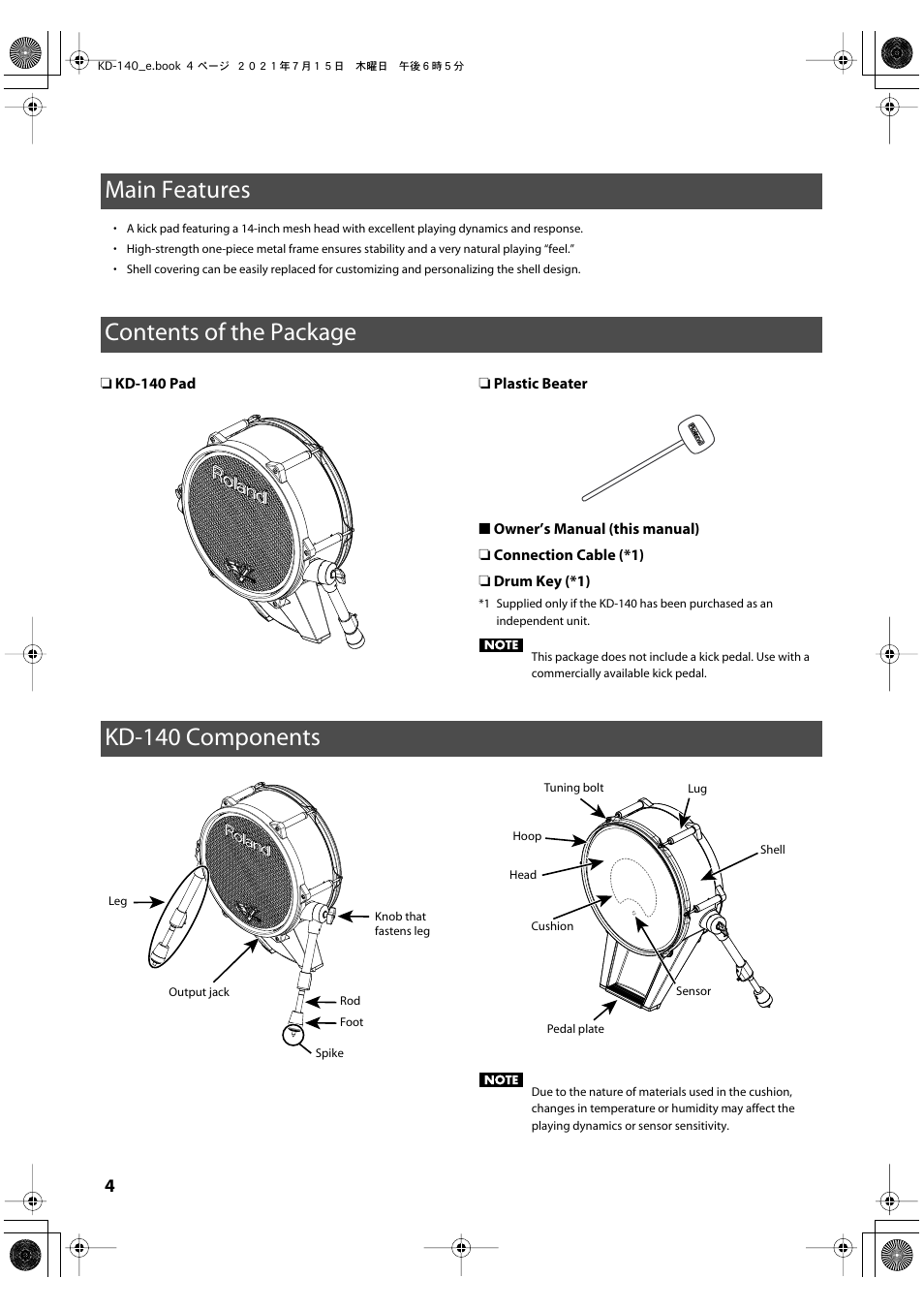 Main features, Contents of the package, Kd-140 components | Roland KD-140 V-Kick Trigger Pad (Black Chrome) User Manual | Page 4 / 13