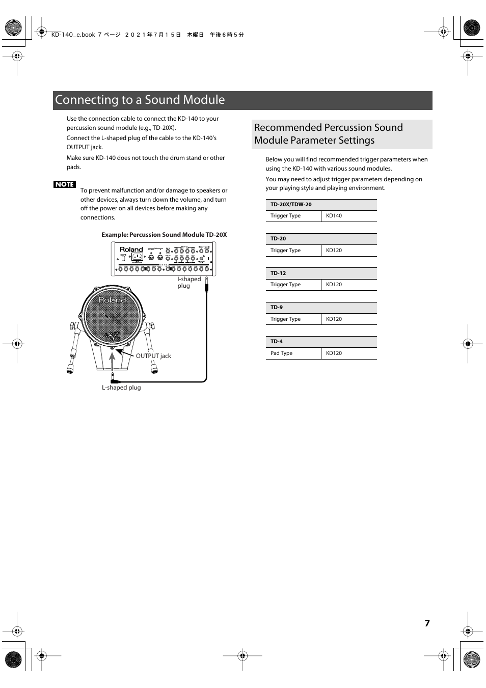 Connecting to a sound module | Roland KD-140 V-Kick Trigger Pad (Black Chrome) User Manual | Page 7 / 13