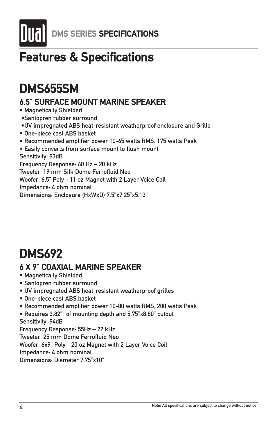 Features & specifications dms692, Dms655sm | Dual DMS651 User Manual | Page 4 / 8